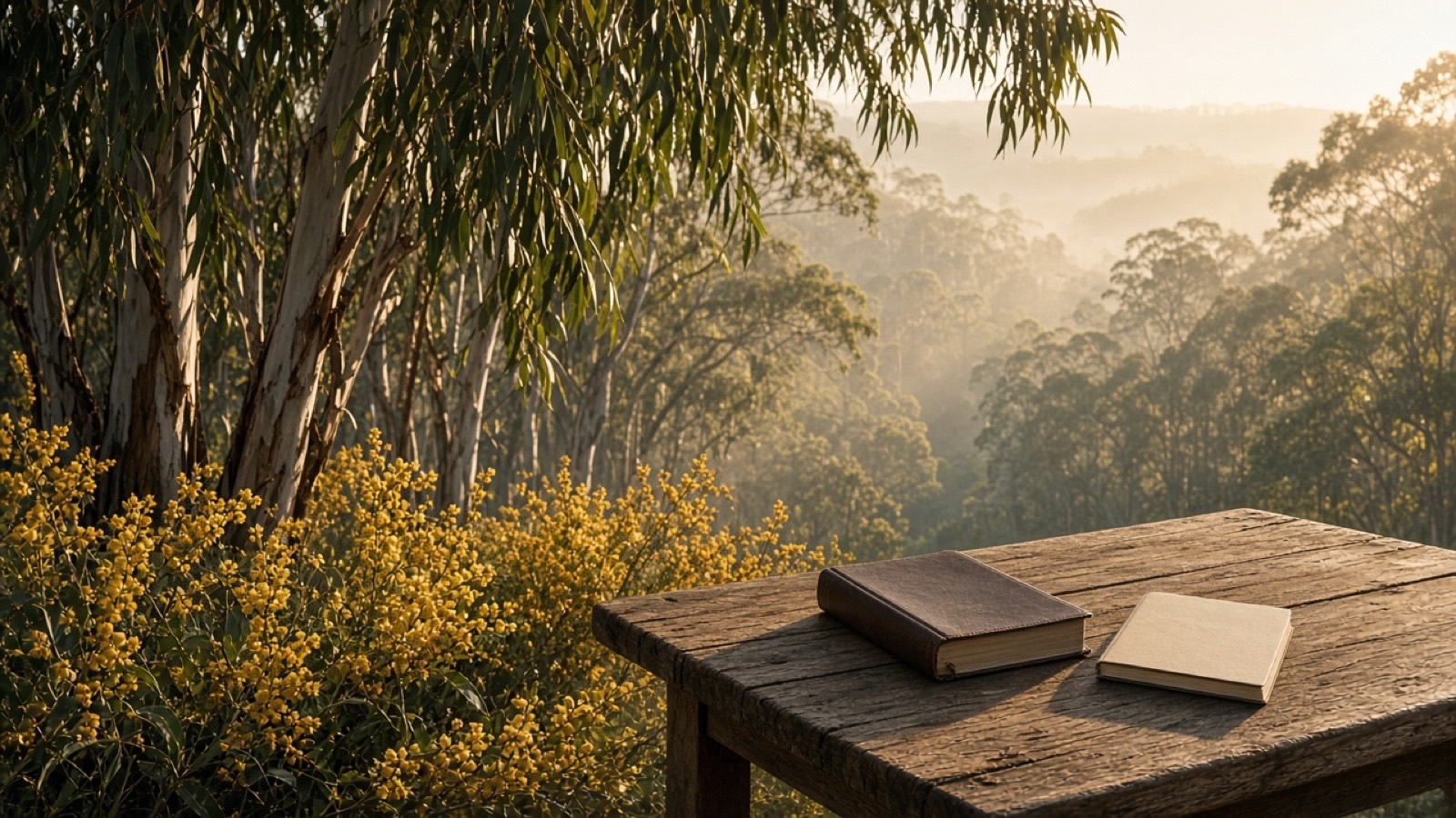 Golden wattle and eucalyptus in morning light, with a Bible and a journal on a timber table.