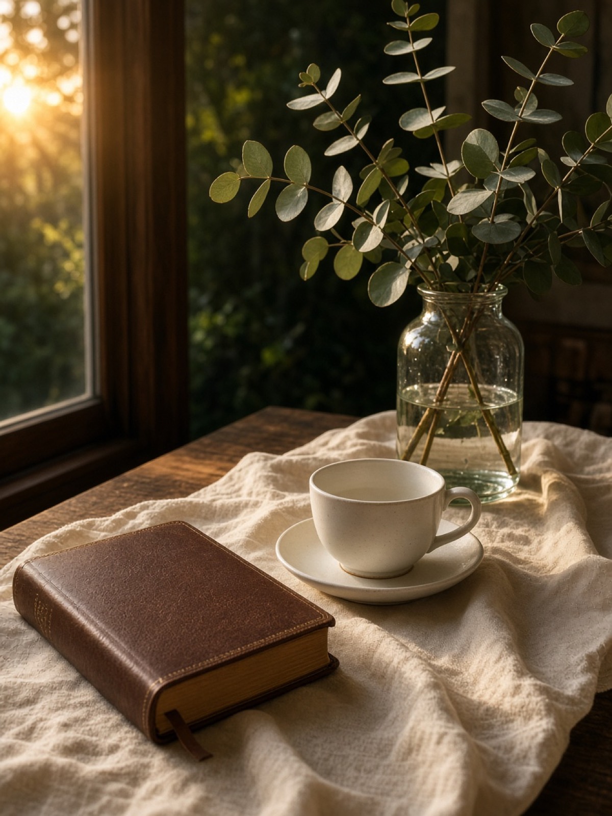 A Bible on a morning table.